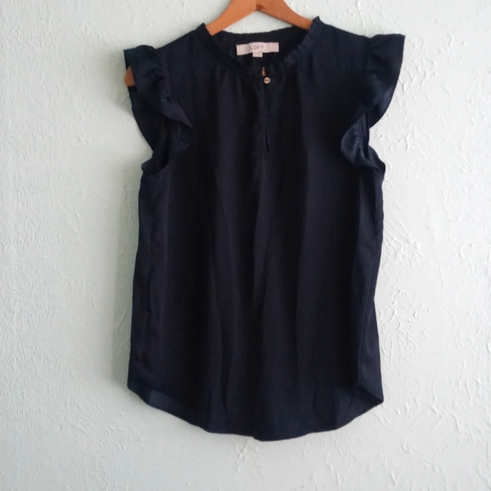 Ann Taylor Loft Sleeveless Blouse Navy Blue Top Ruffles Small